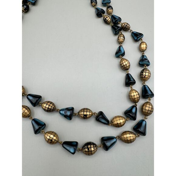 Vintage West Germany Two Strand Gold and Blue Bead Necklace - Picture 7 of 13
